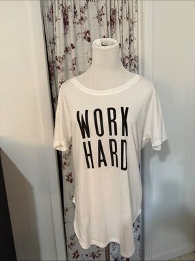Lucy White Short Sleeve Tee with Black "WORK HARD" Print
